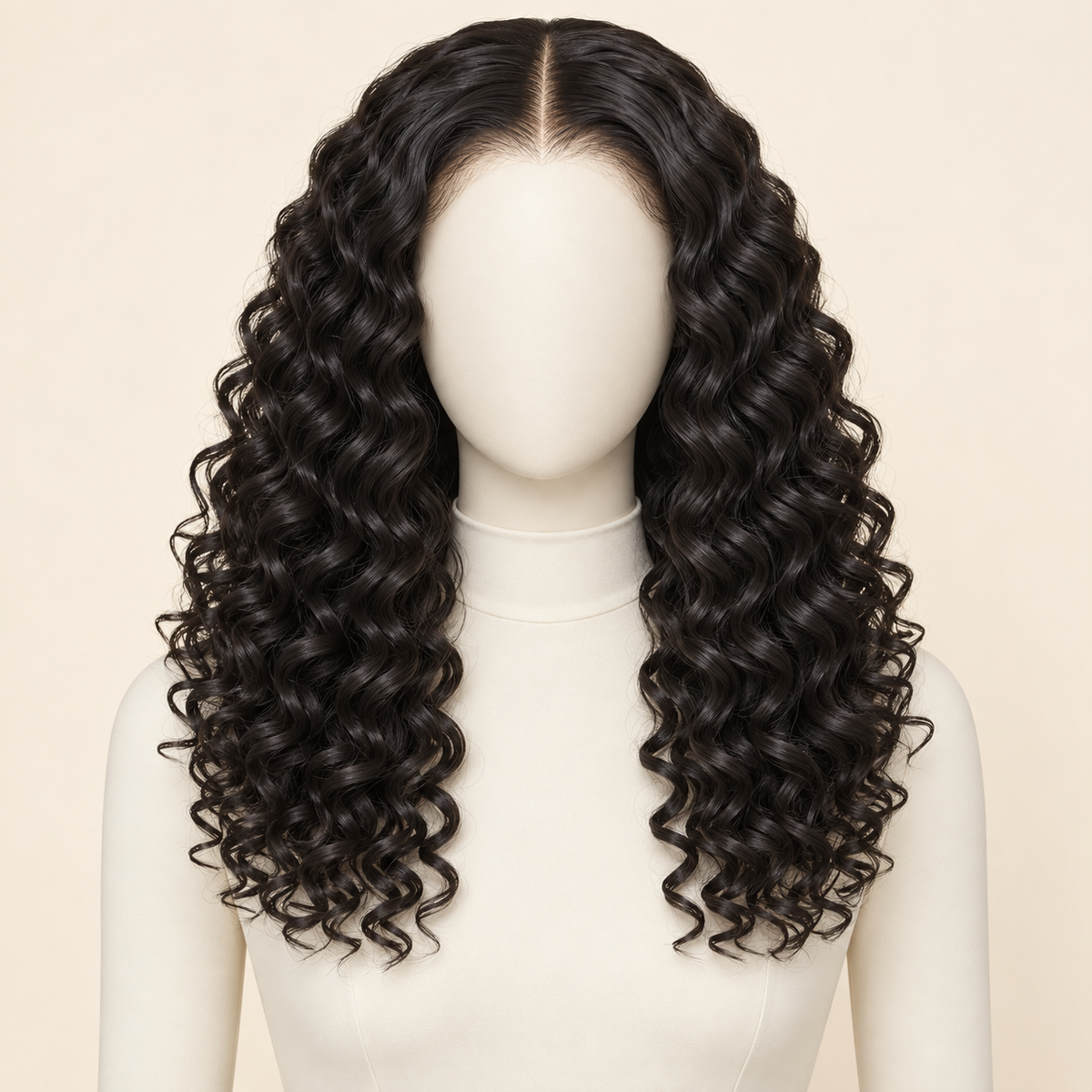 Deep Curly Lace Front Synthetic Wig, black 18 inch mannequin product view, AI-generated visualization