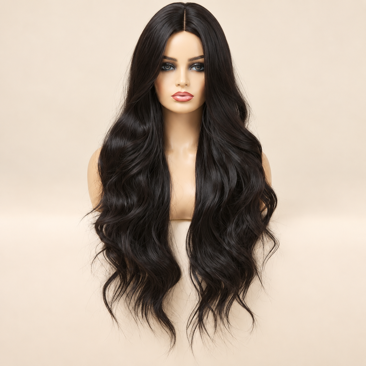 Long Wavy Synthetic Wig, Style E black center-part without obvious bangs, AI-generated visualization.