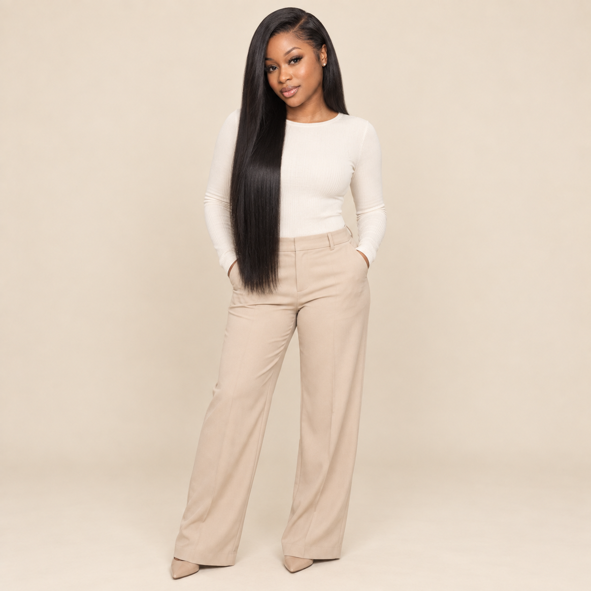 Glueless Straight Human Hair Wig – natural black, 150% density, 28 inch, AI-generated visualization
