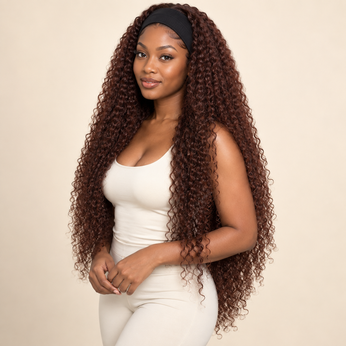 Jerry curly human-hair headband wig, 26-inch three-quarter view, AI-generated visualization