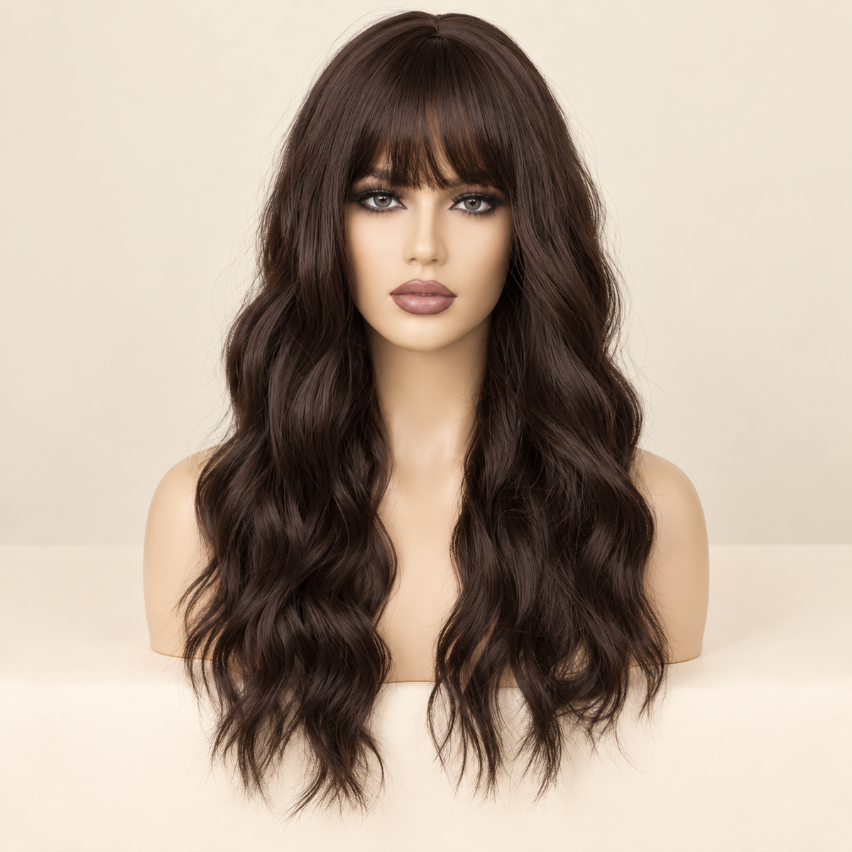 Long Wavy Synthetic Wig with Bangs, Style F dark brown, AI-generated visualization.