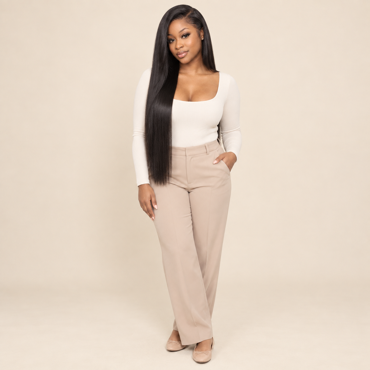 Glueless Straight Human Hair Wig – natural black, 150% density, 30 inch, AI-generated visualization