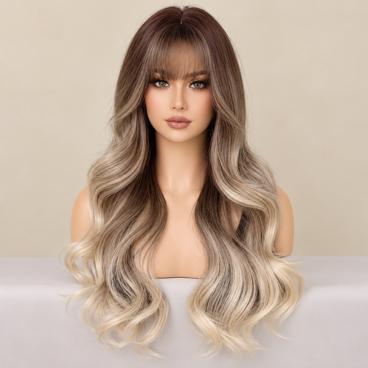 Long Wavy Synthetic Wig with Bangs, Style G dark-rooted ash-blonde ombre, AI-generated visualization.