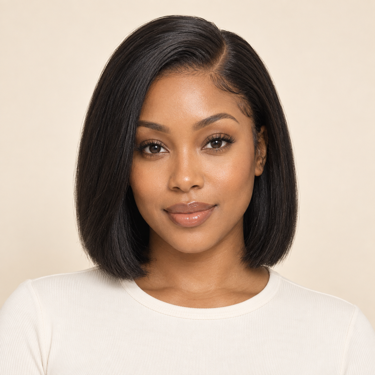 Glueless Straight Human Hair Wig – natural black, 180% density, 10 inch, AI-generated visualization