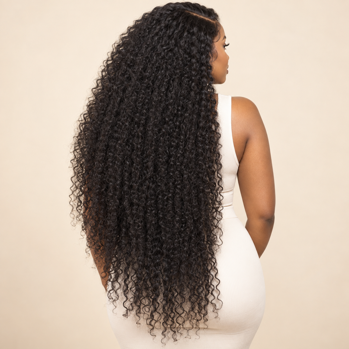 Natural-black jerry curly human-hair lace-front wig, 30-inch view, AI-generated visualization