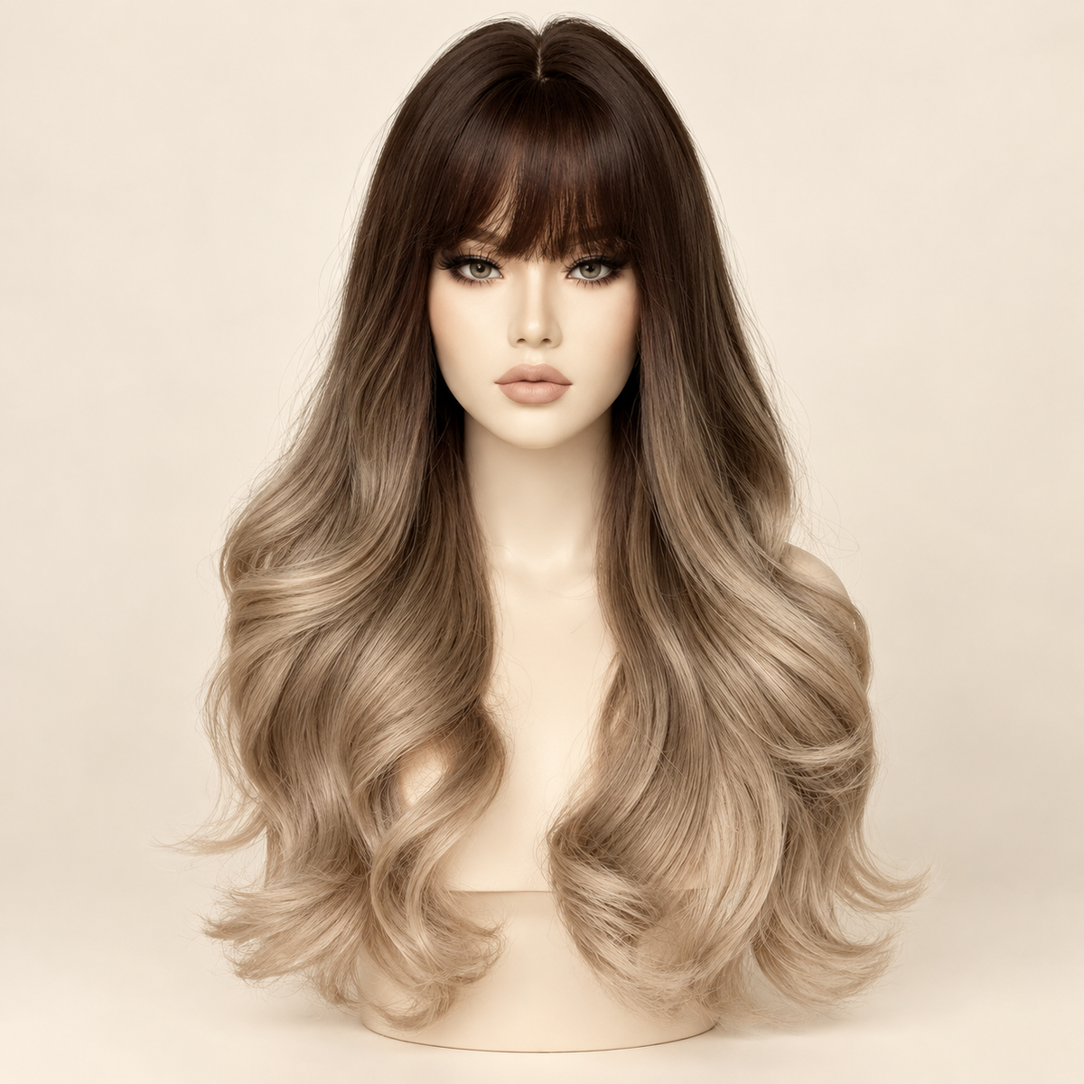 Long Wavy Synthetic Wig with Bangs, Style H dark-rooted pale-blonde ombre, AI-generated visualization.