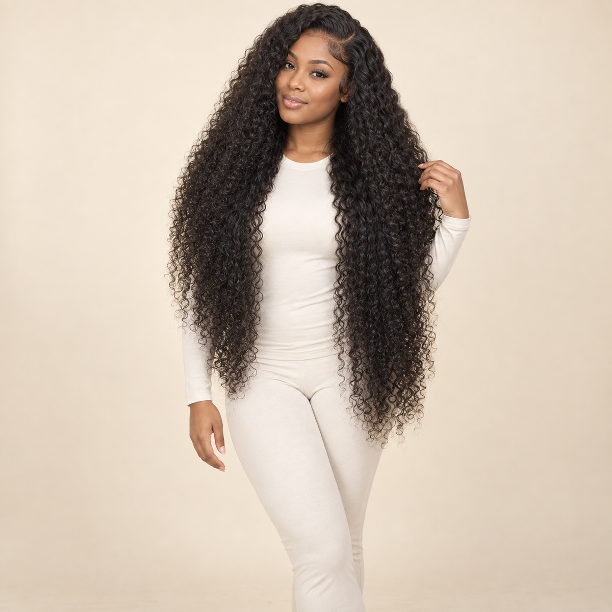 Natural-black jerry curly human-hair lace-front wig, 32-inch view, AI-generated visualization