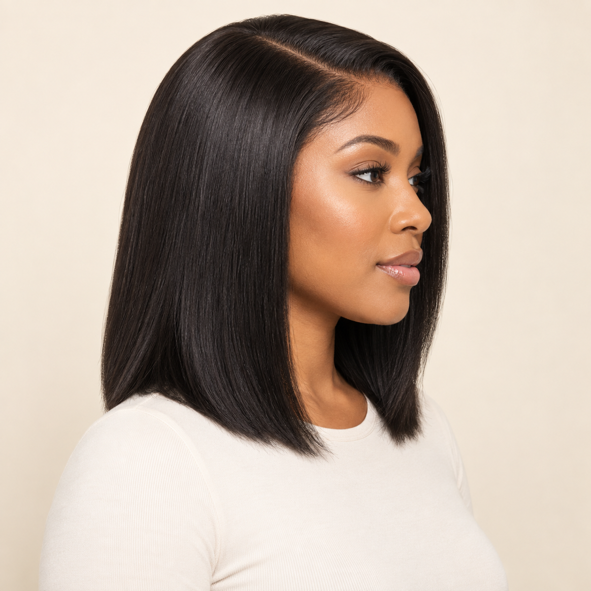 Glueless Straight Human Hair Wig – natural black, 180% density, 14 inch, AI-generated visualization
