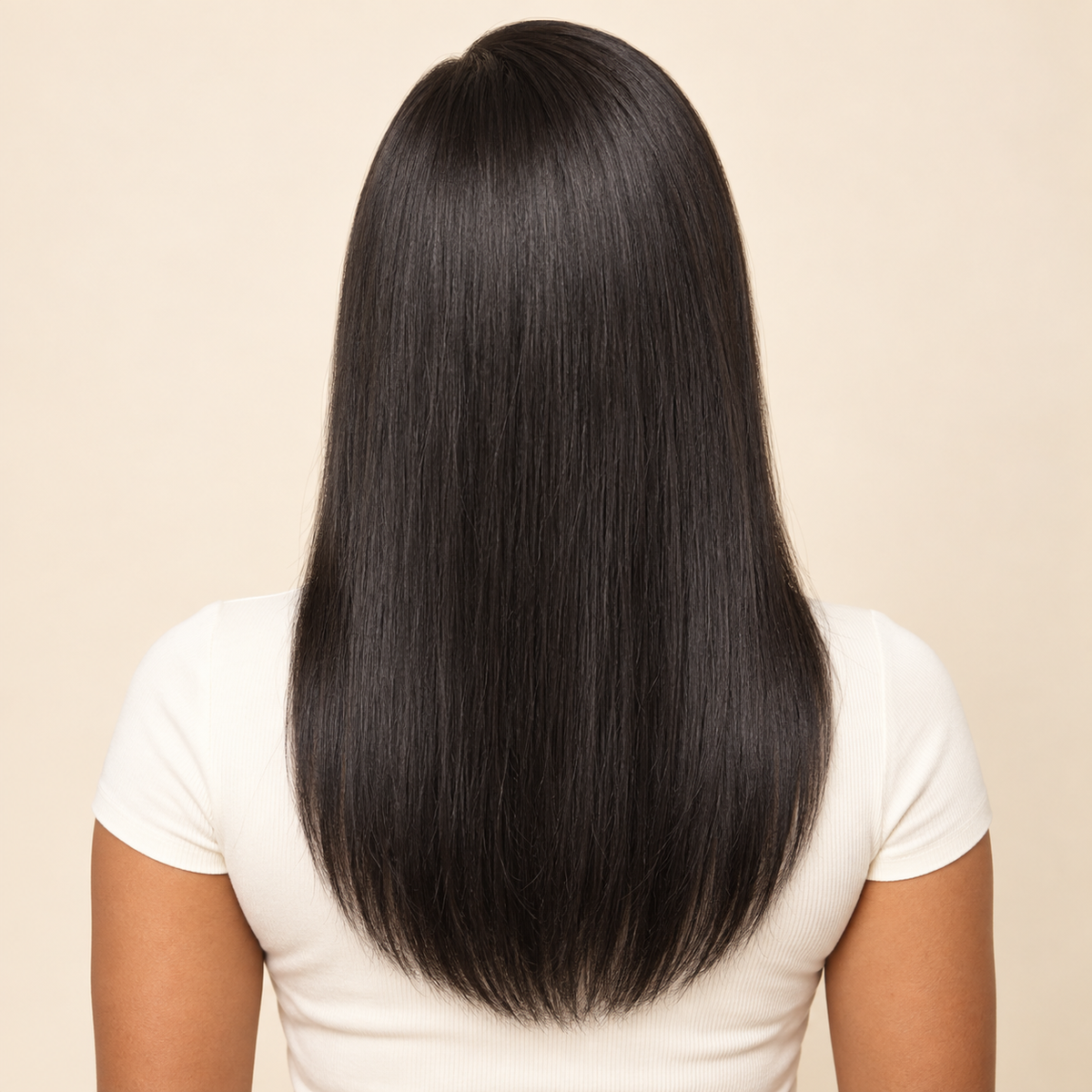 Glueless Straight Human Hair Wig – natural black, 180% density, 16 inch, AI-generated visualization