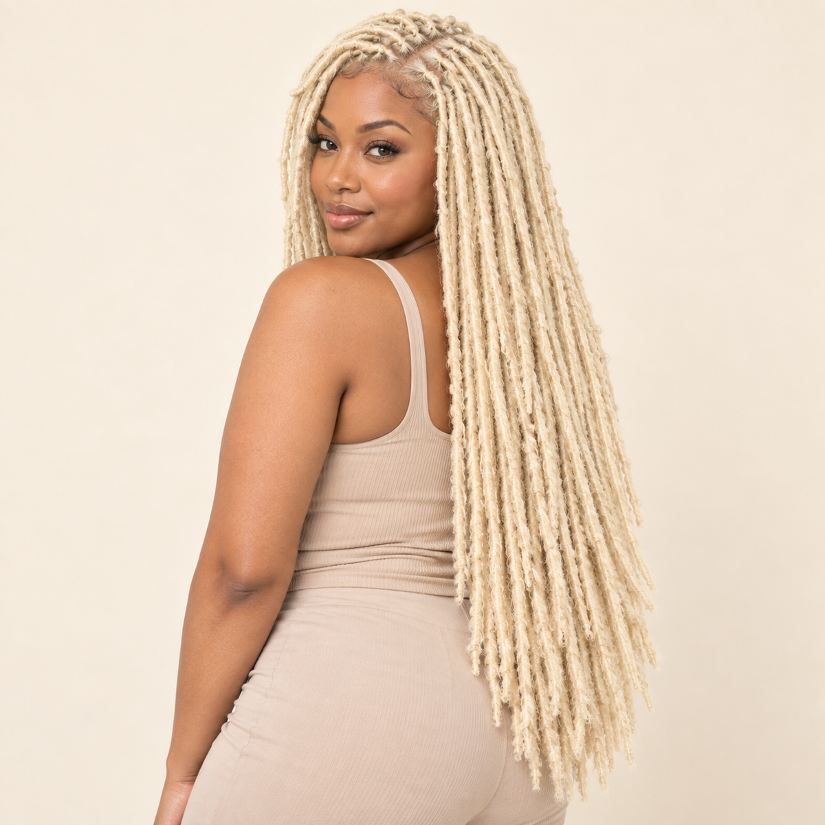 Distressed Nu Faux Locs Crochet Hair – 613 platinum blonde 36-inch human model – AI-generated visualization