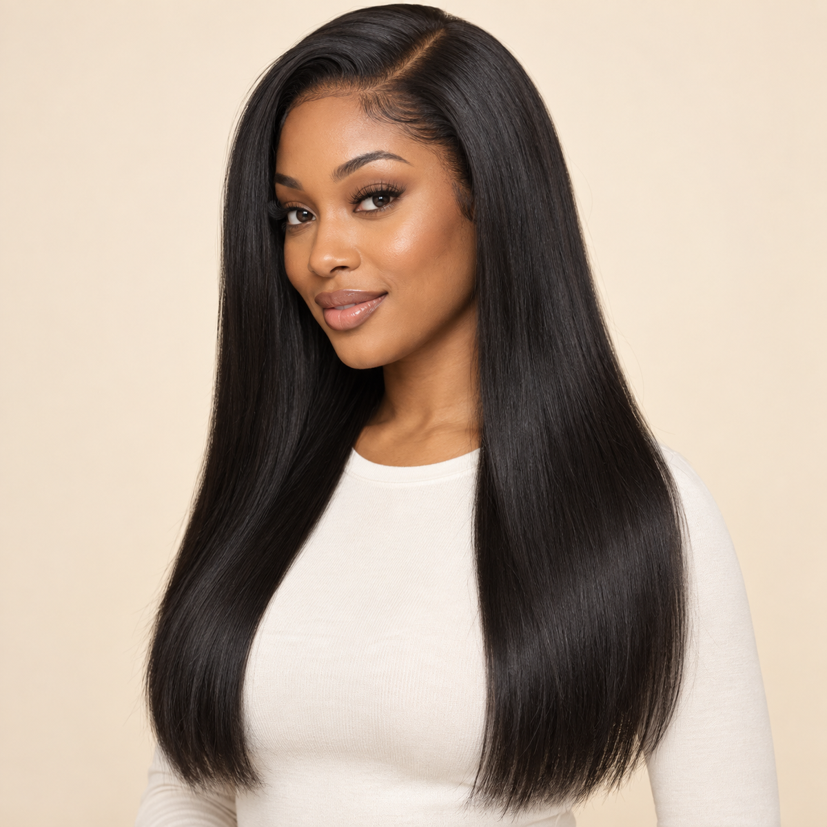 Glueless Straight Human Hair Wig – natural black, 180% density, 20 inch, AI-generated visualization
