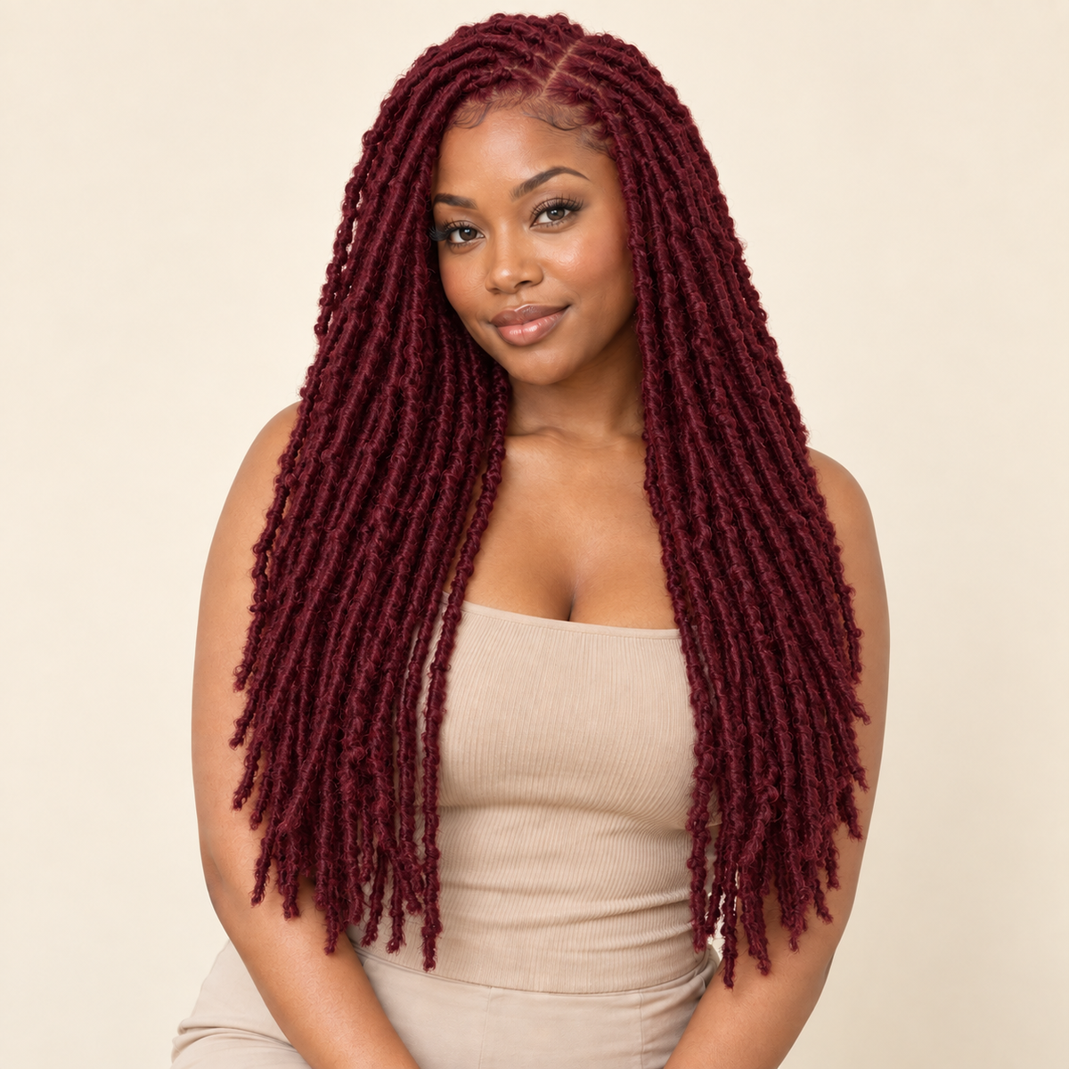 Distressed Nu Faux Locs Crochet Hair – Burgundy 24-inch human model – AI-generated visualization