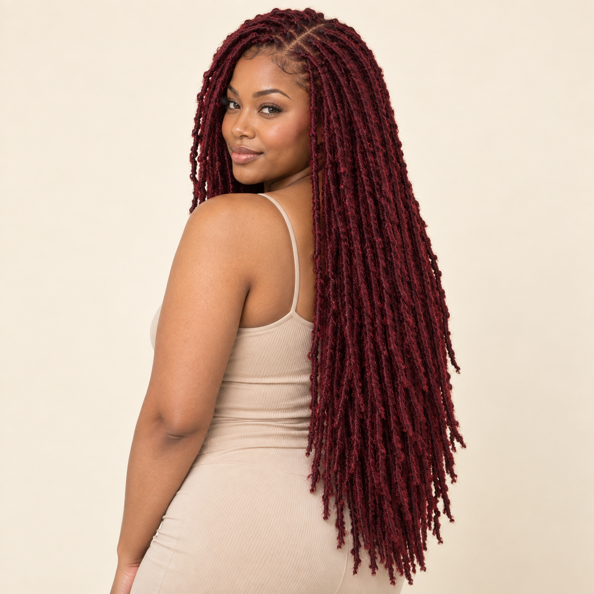 Distressed Nu Faux Locs Crochet Hair – Burgundy 36-inch human model – AI-generated visualization