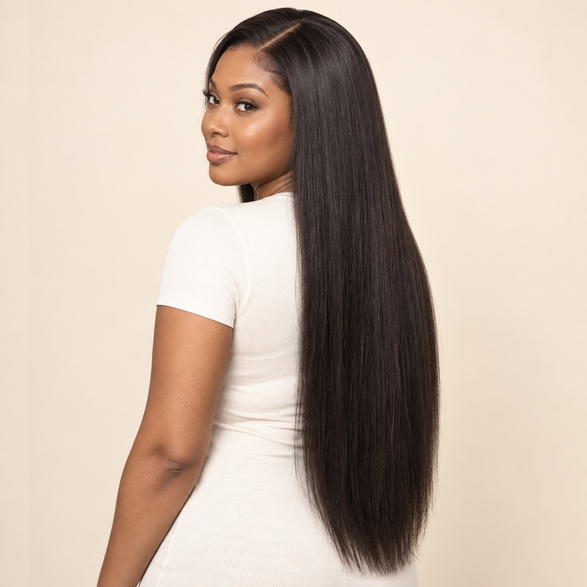 Glueless Straight Human Hair Wig – natural black, 180% density, 24 inch, AI-generated visualization