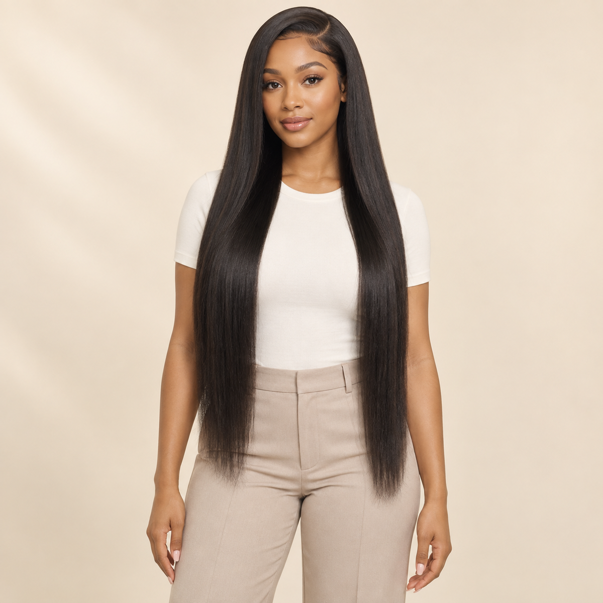 Glueless Straight Human Hair Wig – natural black, 180% density, 26 inch, AI-generated visualization