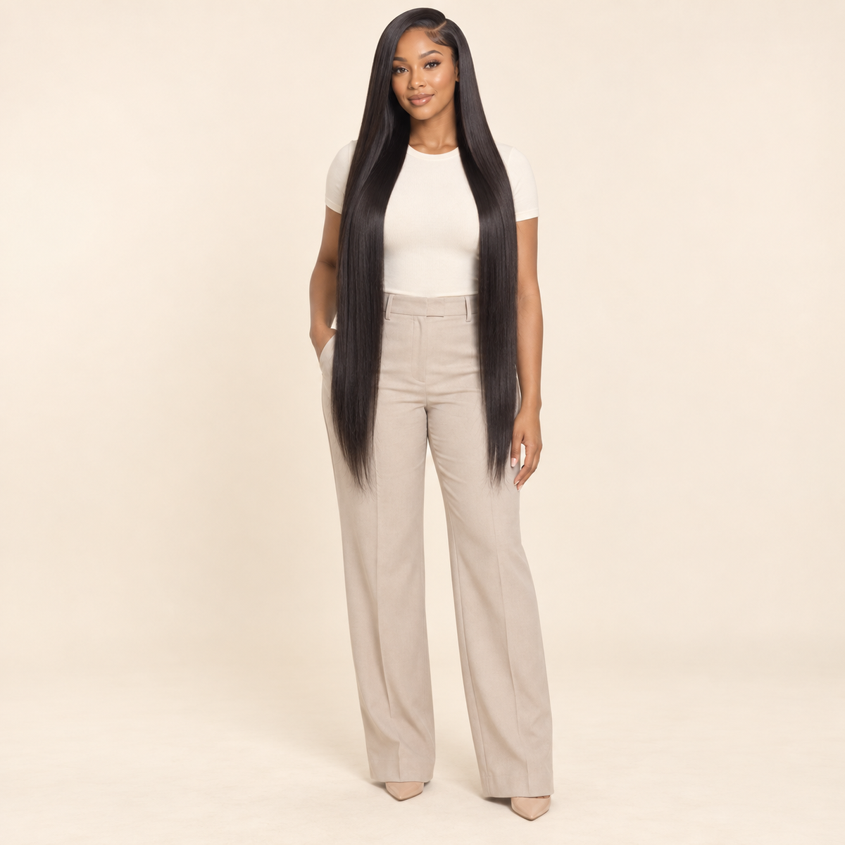 Glueless Straight Human Hair Wig – natural black, 180% density, 28 inch, AI-generated visualization