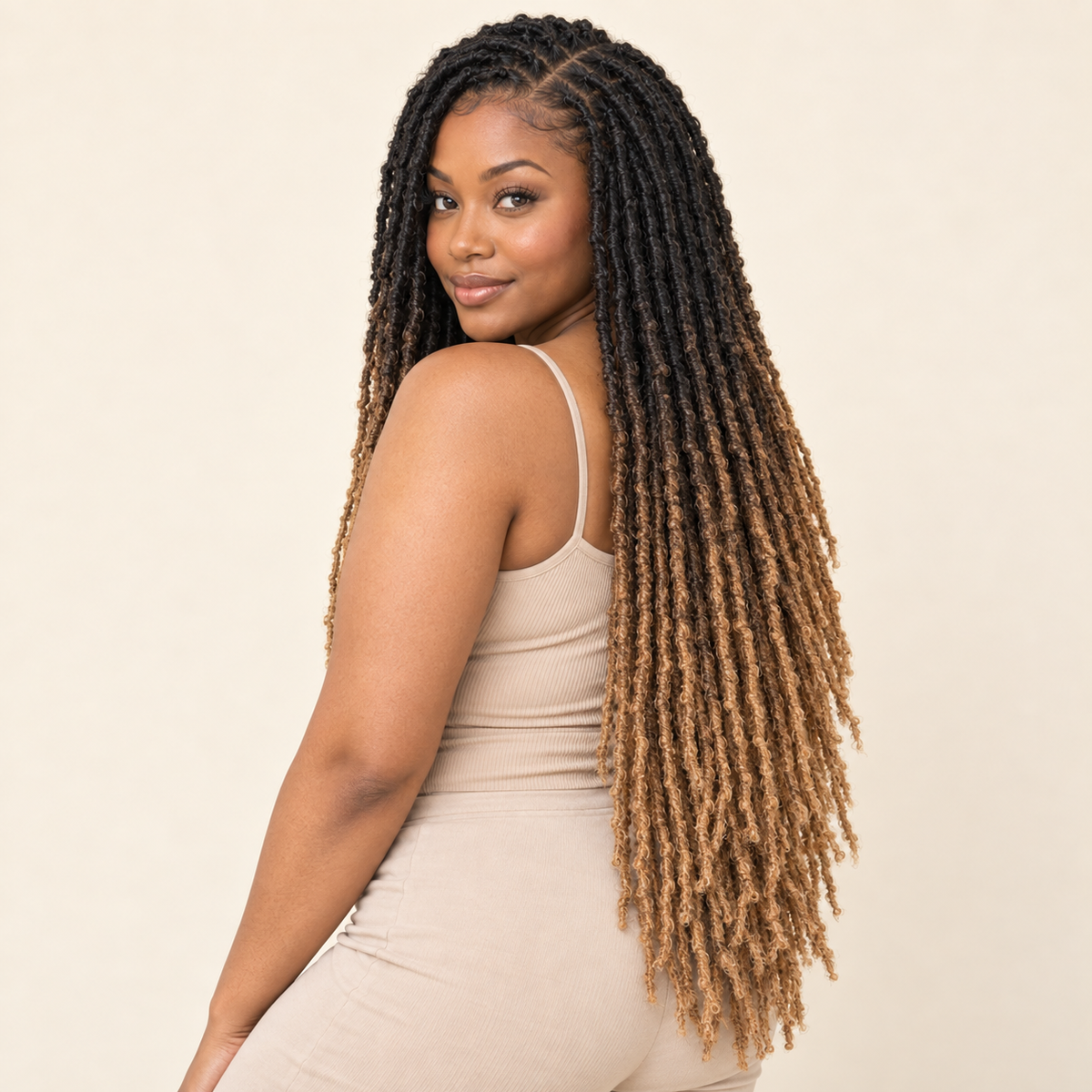 Distressed Nu Faux Locs Crochet Hair – T27 black-root honey blonde 36-inch human model – AI-generated visualization