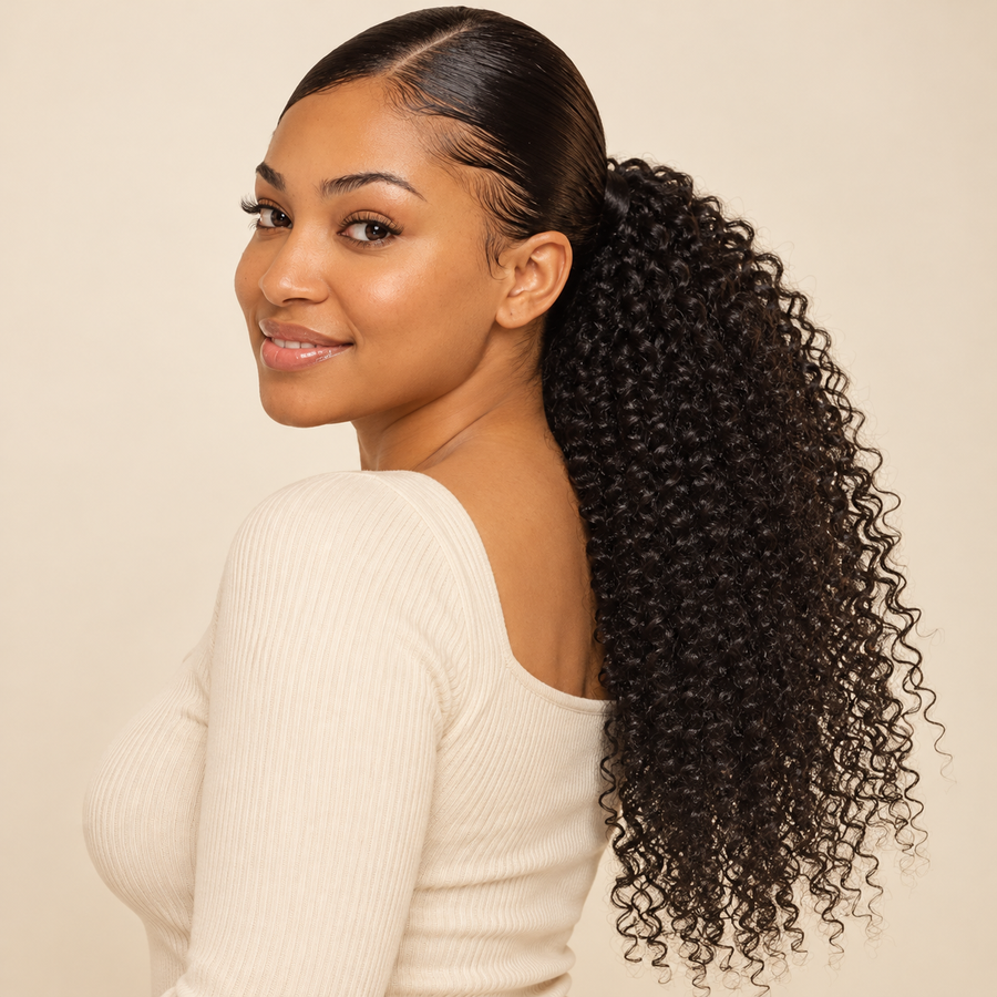 Kinky Curly Human Hair Ponytail, natural black, adult model three-quarter view wearing attached ponytail, AI-generated visualization