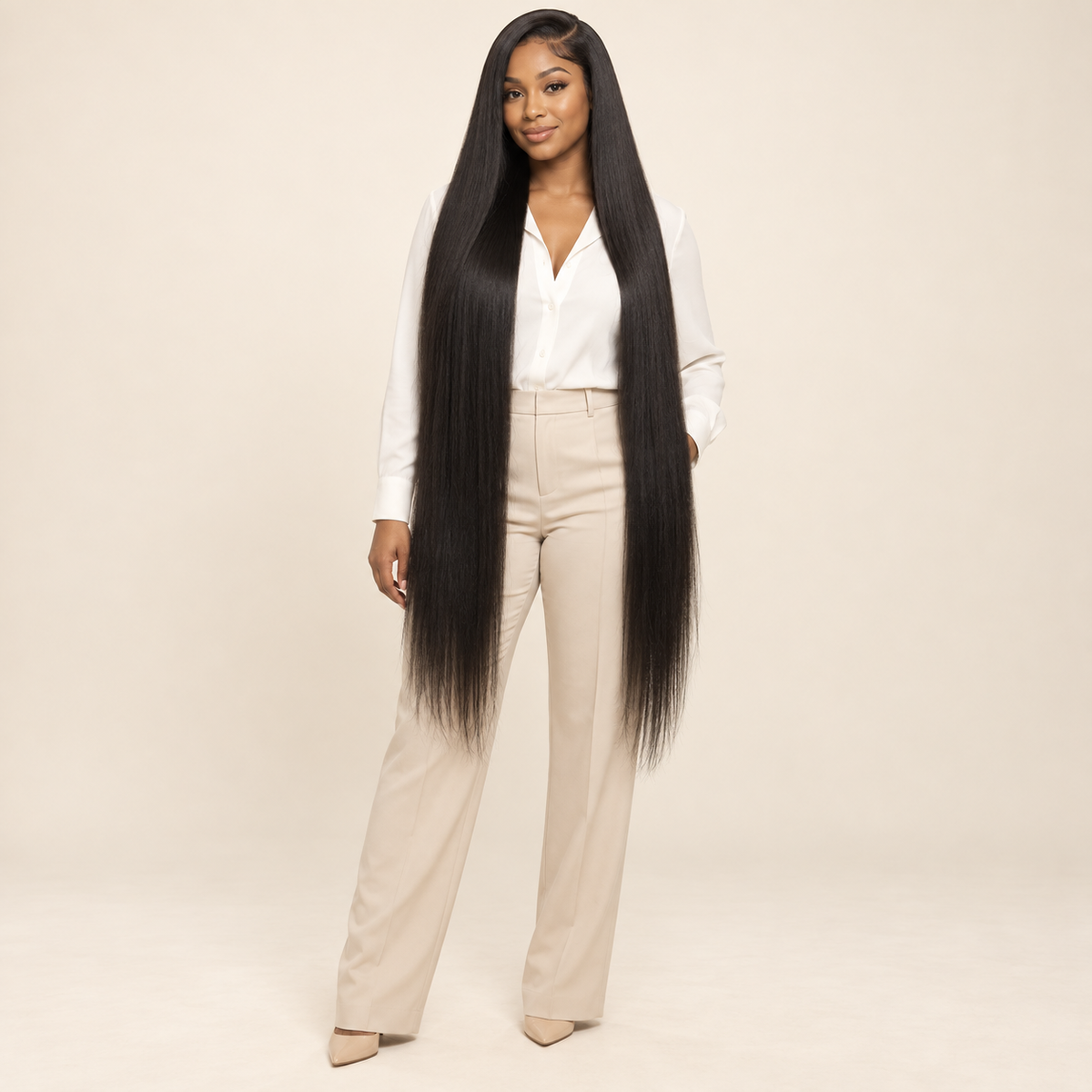 Glueless Straight Human Hair Wig – natural black, 220% density, 40 inch, AI-generated visualization
