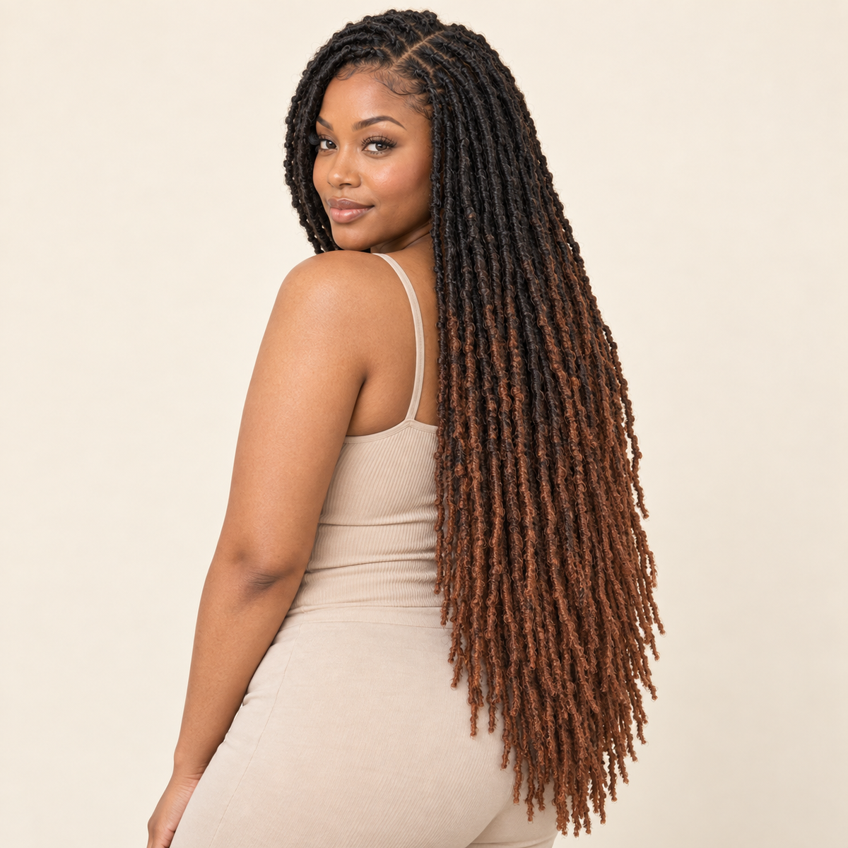 Distressed Nu Faux Locs Crochet Hair – T30 black-root auburn 36-inch human model – AI-generated visualization