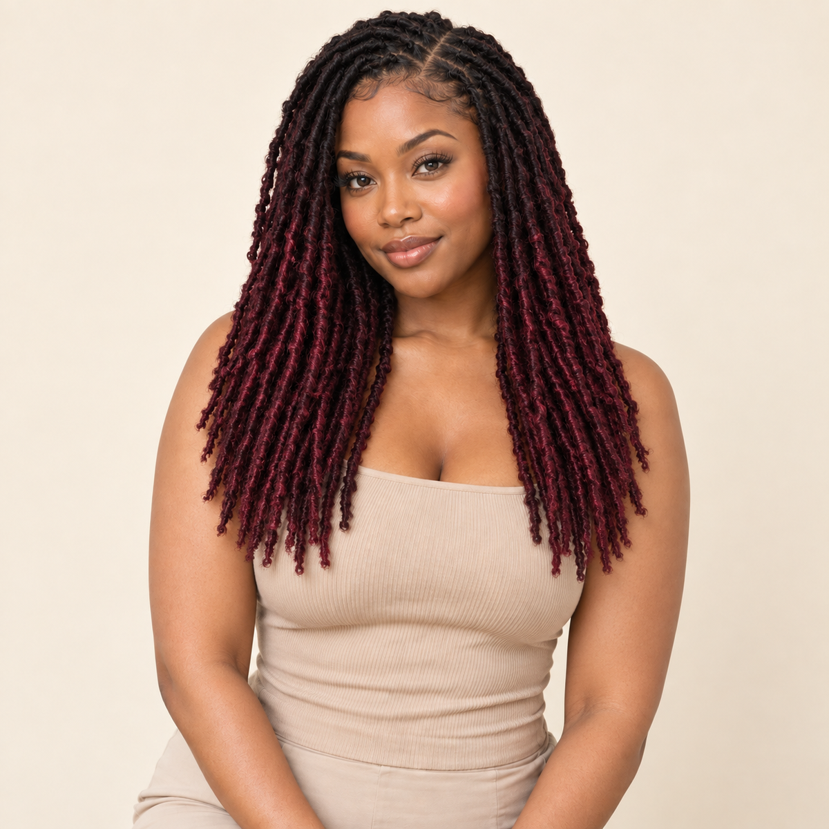 Distressed Nu Faux Locs Crochet Hair – TBug black-root burgundy 18-inch human model – AI-generated visualization