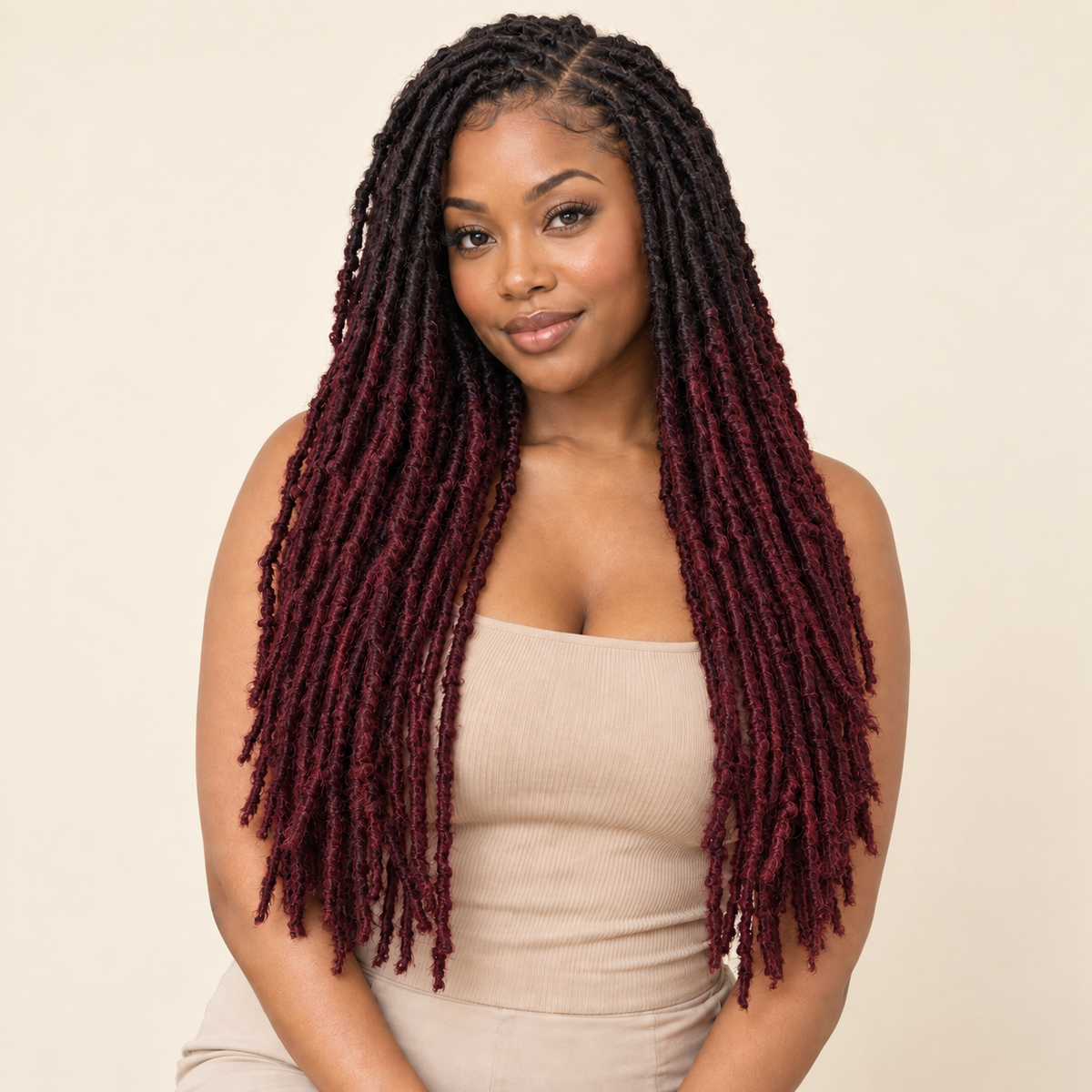 Distressed Nu Faux Locs Crochet Hair – TBug black-root burgundy 24-inch human model – AI-generated visualization