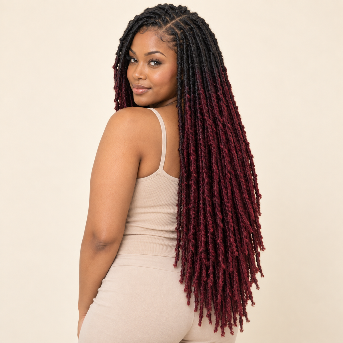 Distressed Nu Faux Locs Crochet Hair – TBug black-root burgundy 36-inch human model – AI-generated visualization