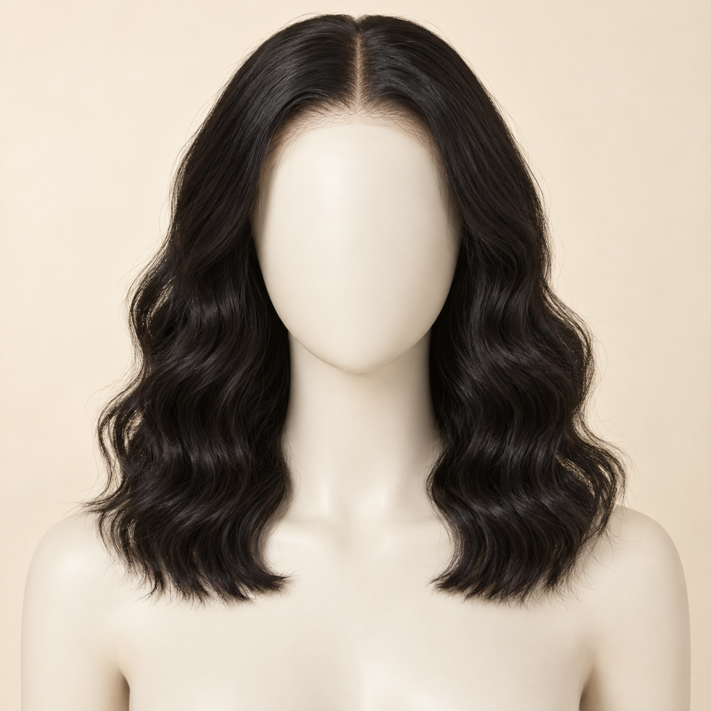 360 Lace Front Wig — 14 inch natural black loose deep wave — AI-generated length visualization