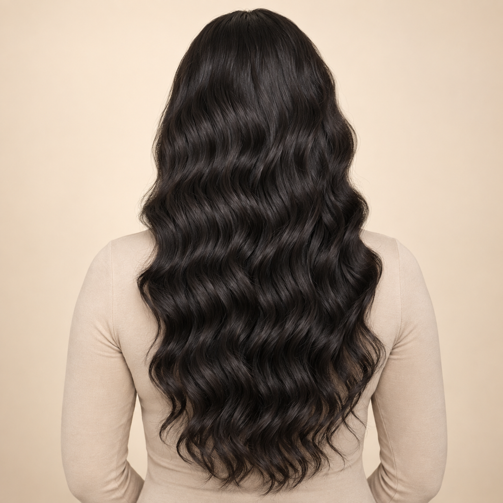 360 Lace Front Wig — 18 inch natural black loose deep wave — back view — AI-generated visualization