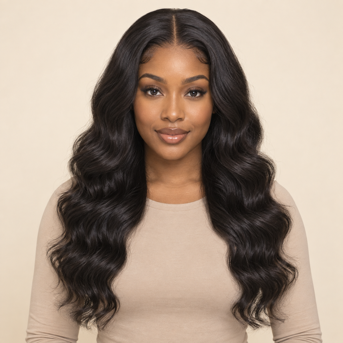360 Lace Front Wig — 18 inch natural black loose deep wave — front view — AI-generated visualization