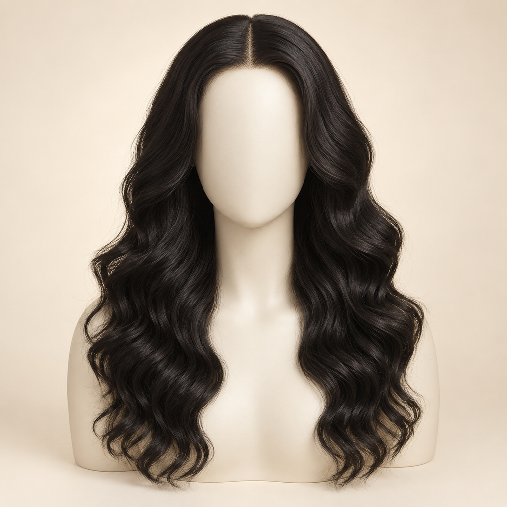 360 Lace Front Wig — 18 inch natural black loose deep wave — mannequin primary — AI-generated visualization