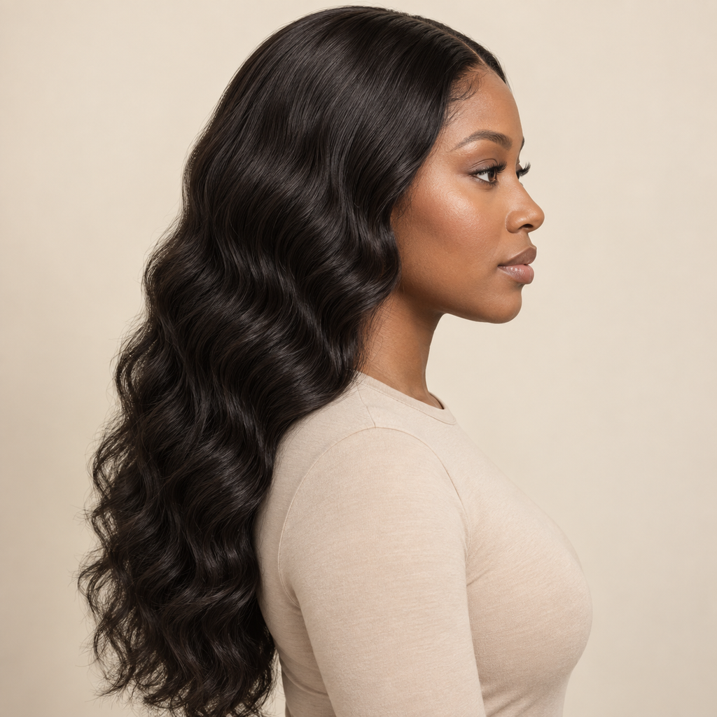360 Lace Front Wig — 18 inch natural black loose deep wave — side view — AI-generated visualization