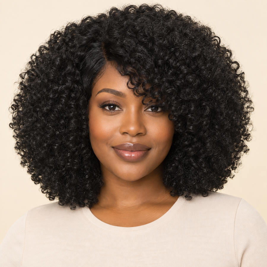 Afro kinky curly synthetic wig with side bangs, Black, front view, AI-generated visualization
