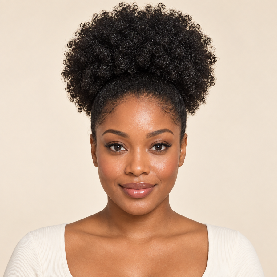 Kinky Curly Afro Puff Synthetic Hairpiece – Large Black 1B front installed view, AI-generated visualization
