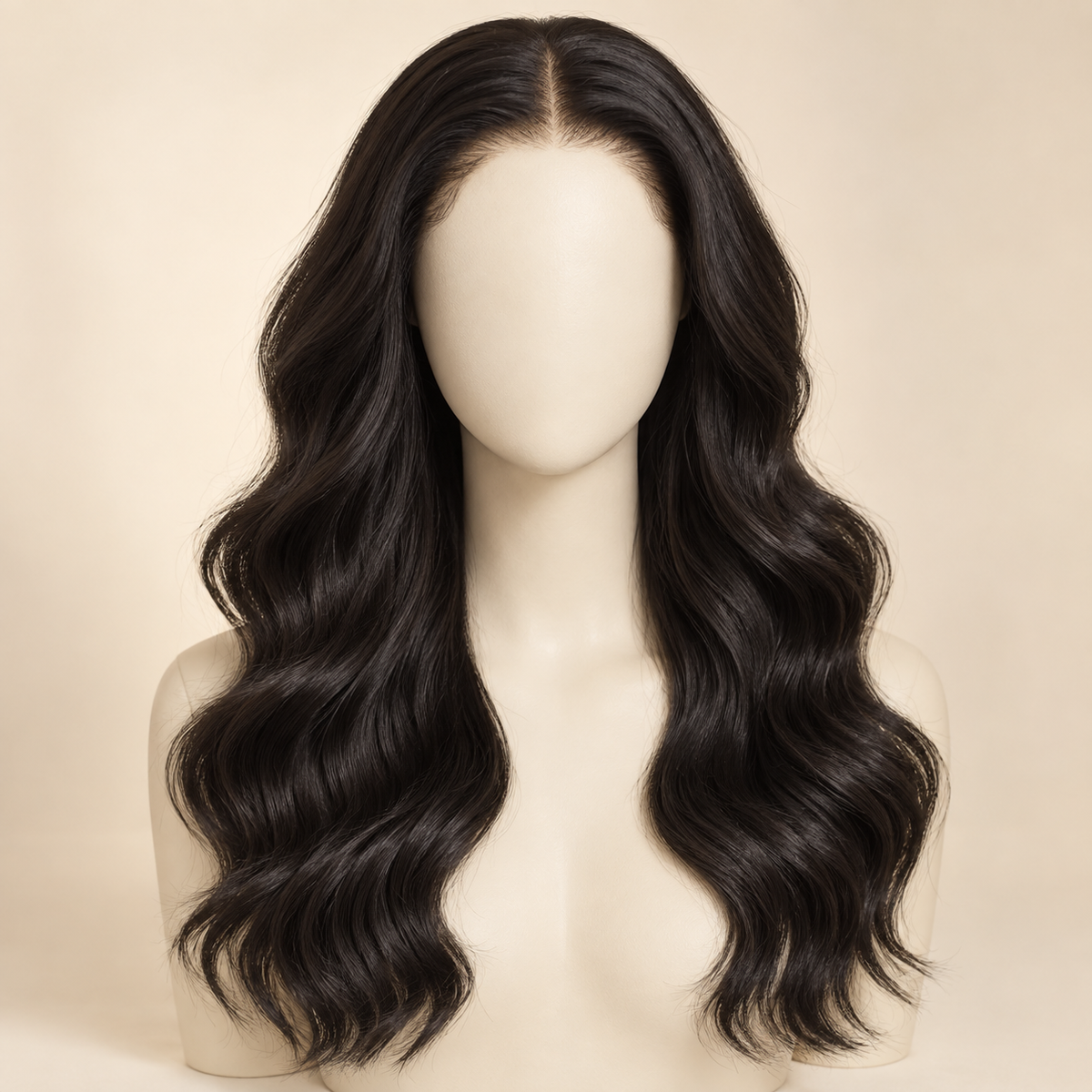 Body Wave 13x4 human hair wig, 18 inch, mannequin primary view, AI-generated visualization