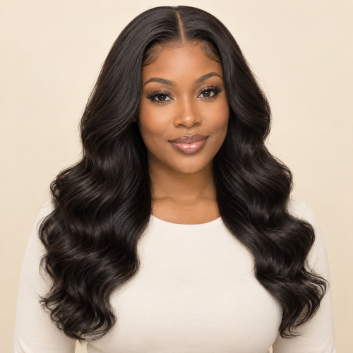 Body Wave 13x4 human hair wig, 18 inch, front view, AI-generated visualization