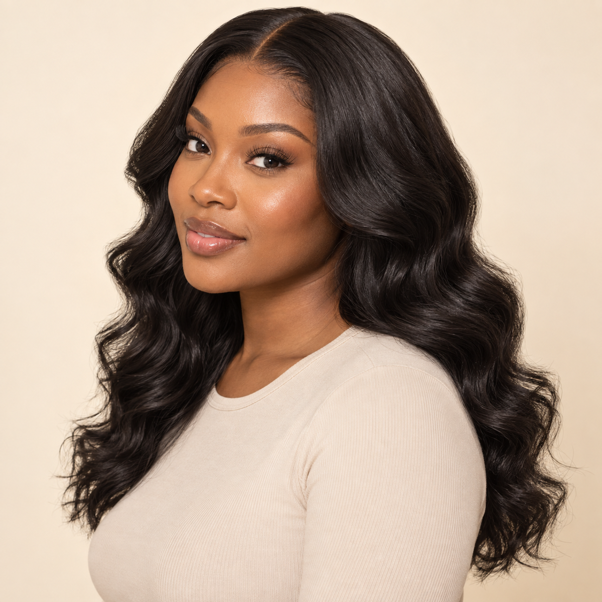Body Wave 13x4 human hair wig, 18 inch, three-quarter view, AI-generated visualization