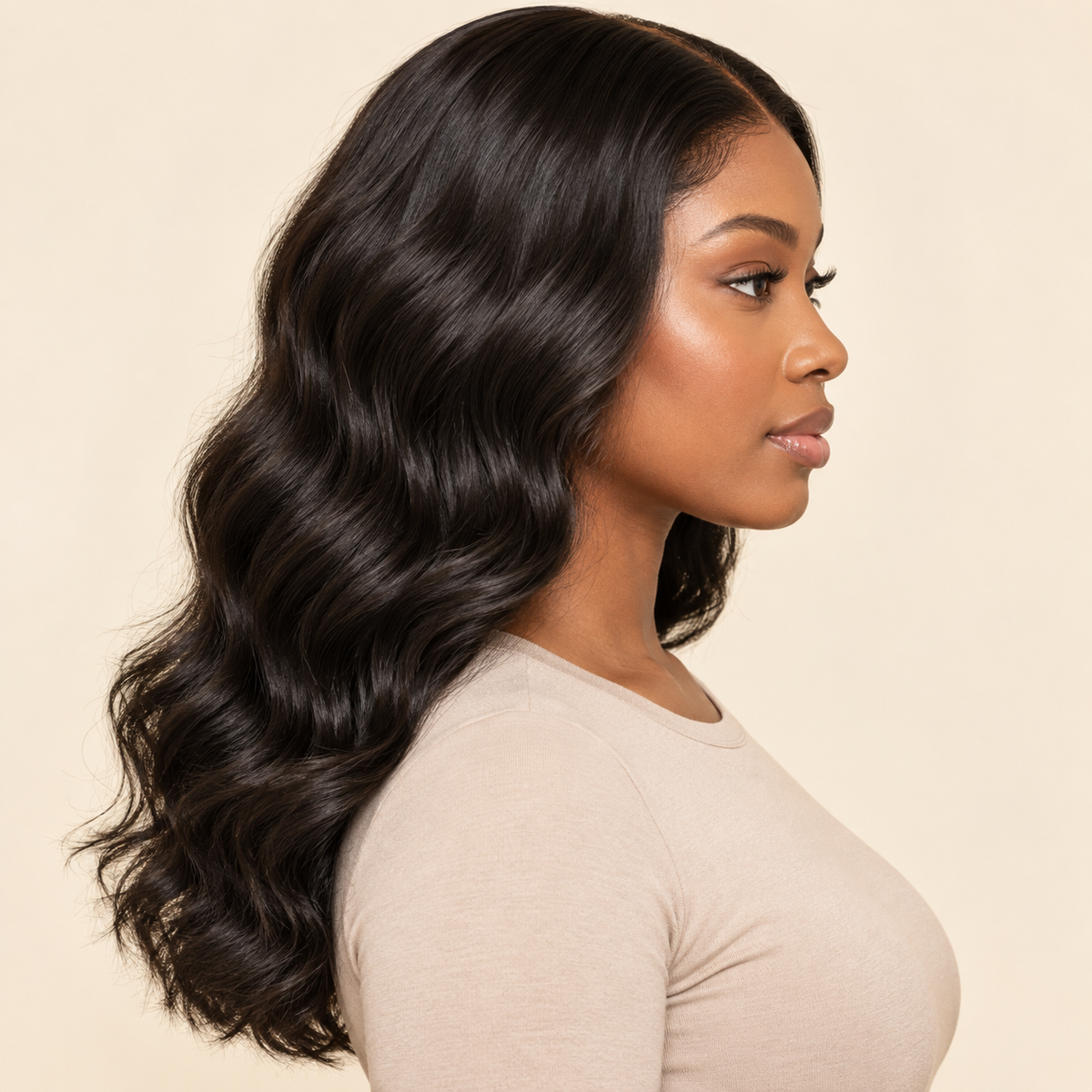 Body Wave 13x4 human hair wig, 18 inch, side view, AI-generated visualization