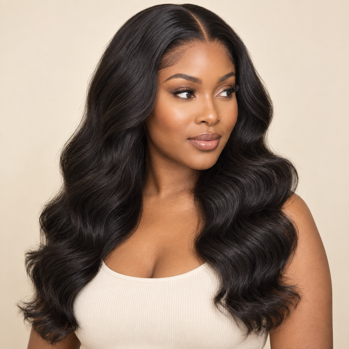 Body Wave human hair wig, 13x4 lace, 18 inch, three-quarter view, AI-generated visualization