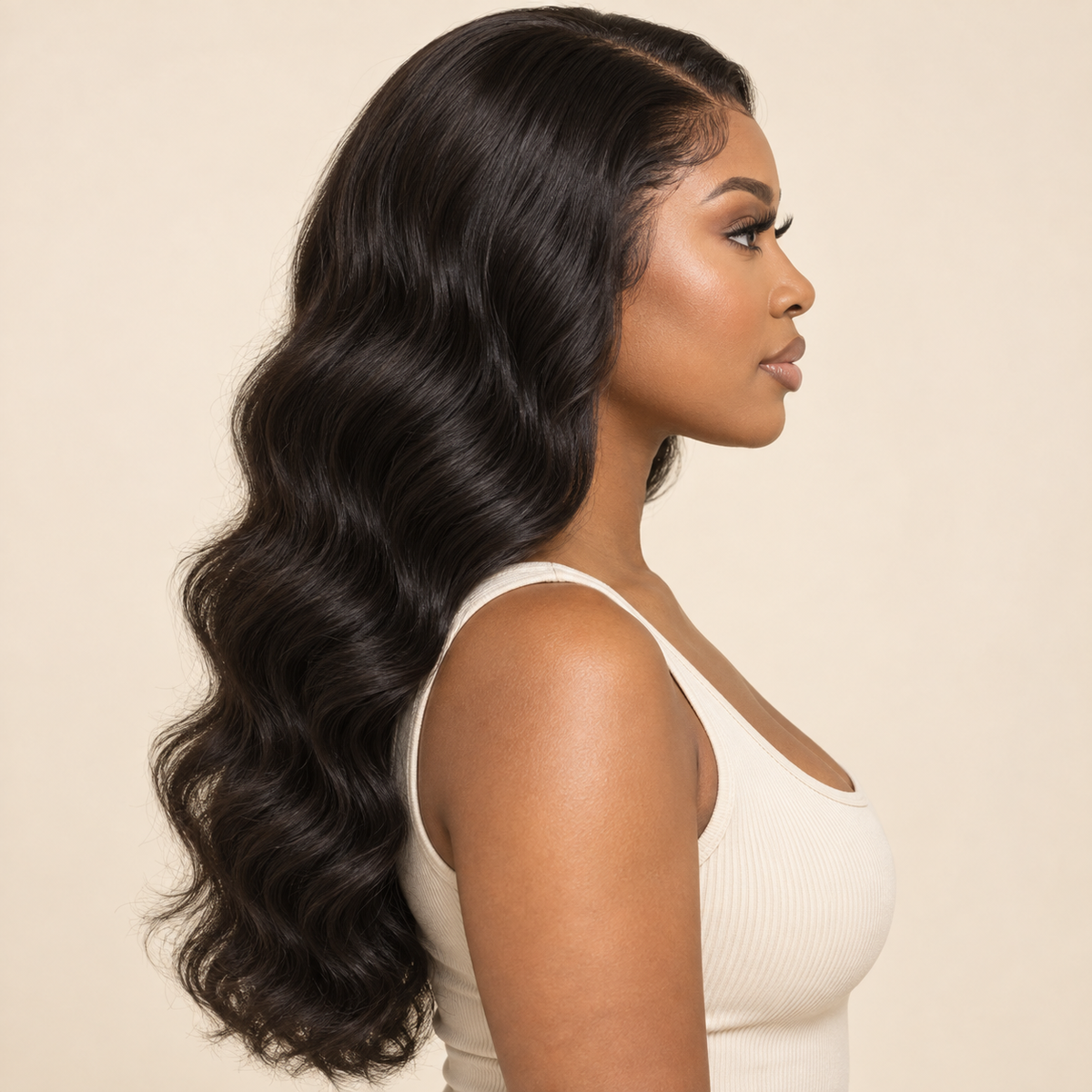 Body Wave human hair wig, 13x4 lace, 18 inch, side view, AI-generated visualization