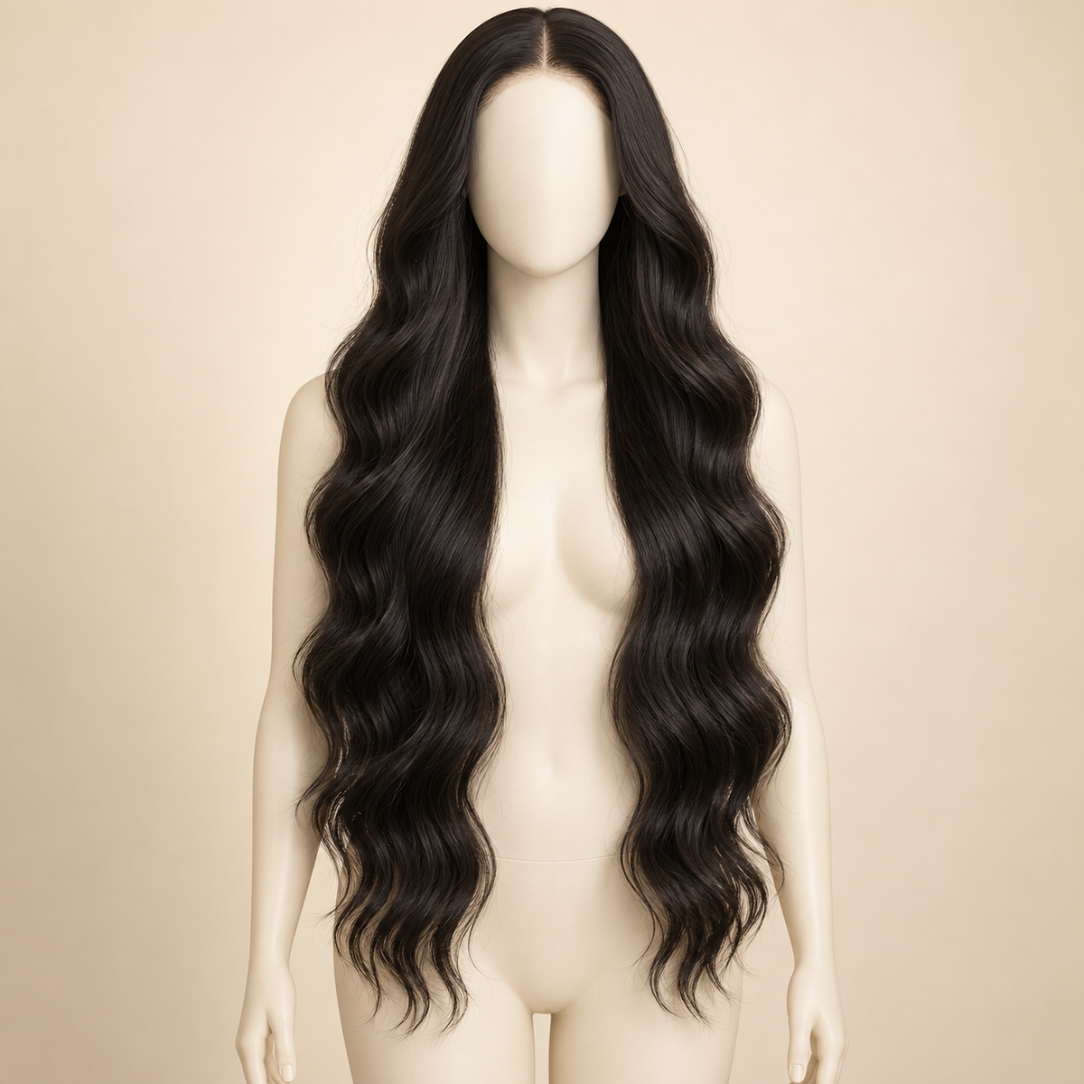 Body Wave 13x4 human hair wig, 28 inch, length view, AI-generated visualization