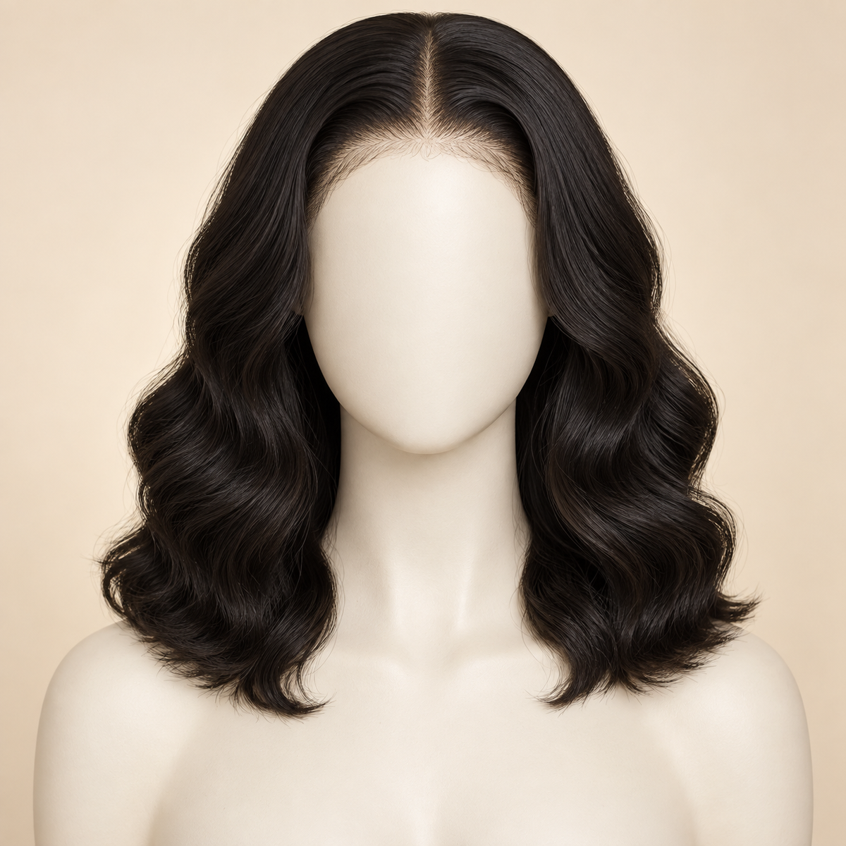 Body Wave 360 Lace Human Hair Wig, 150% density, 12 inch natural black body wave, mannequin length variant, AI-generated visualization.