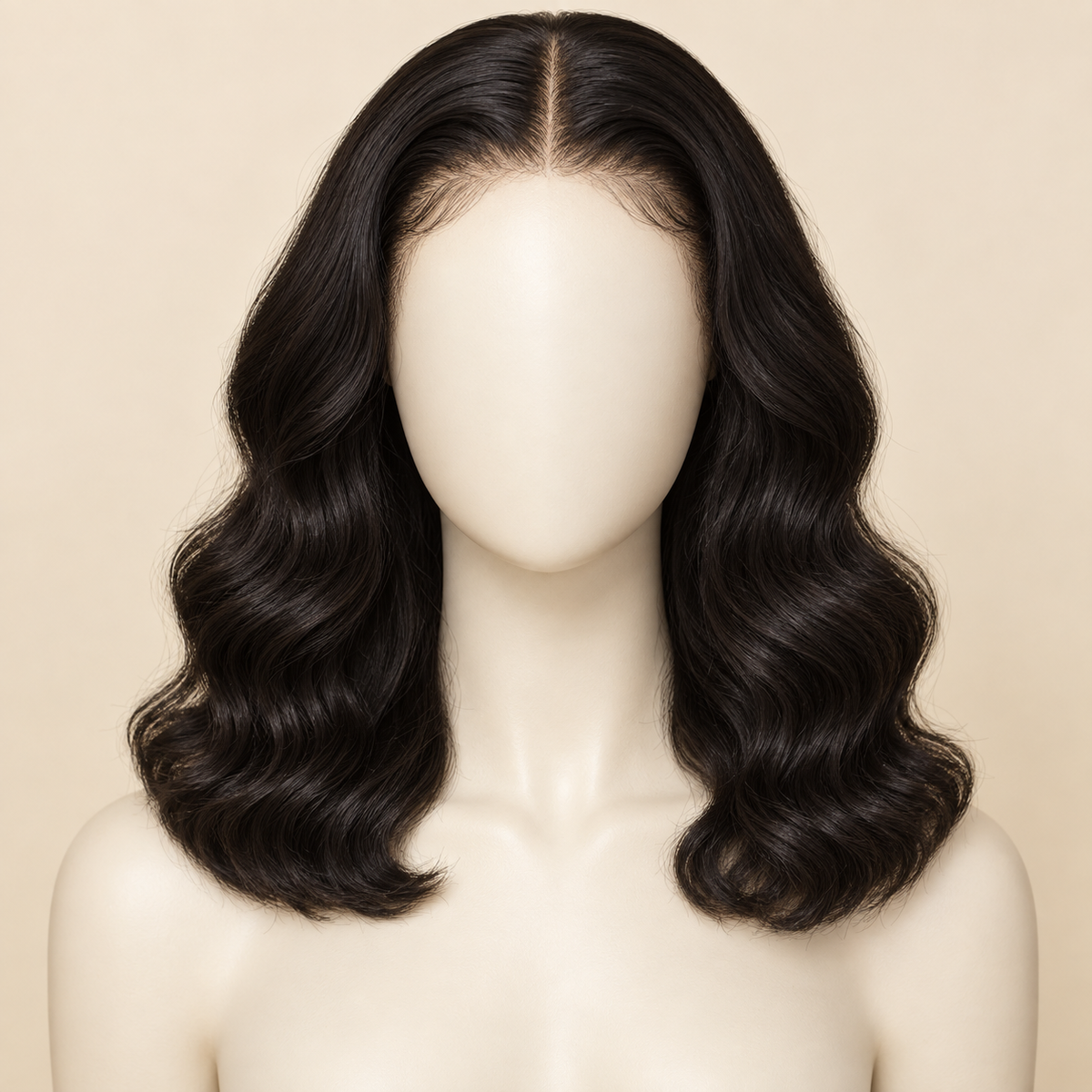 Body Wave 360 Lace Human Hair Wig, 150% density, 14 inch natural black body wave, mannequin length variant, AI-generated visualization.