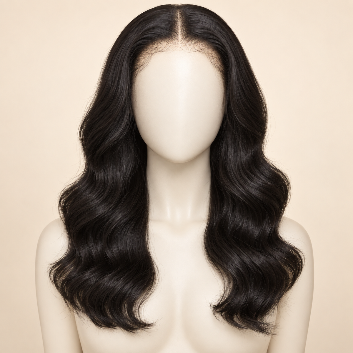 Body Wave 360 Lace Human Hair Wig, 150% density, 16 inch natural black body wave, mannequin length variant, AI-generated visualization.