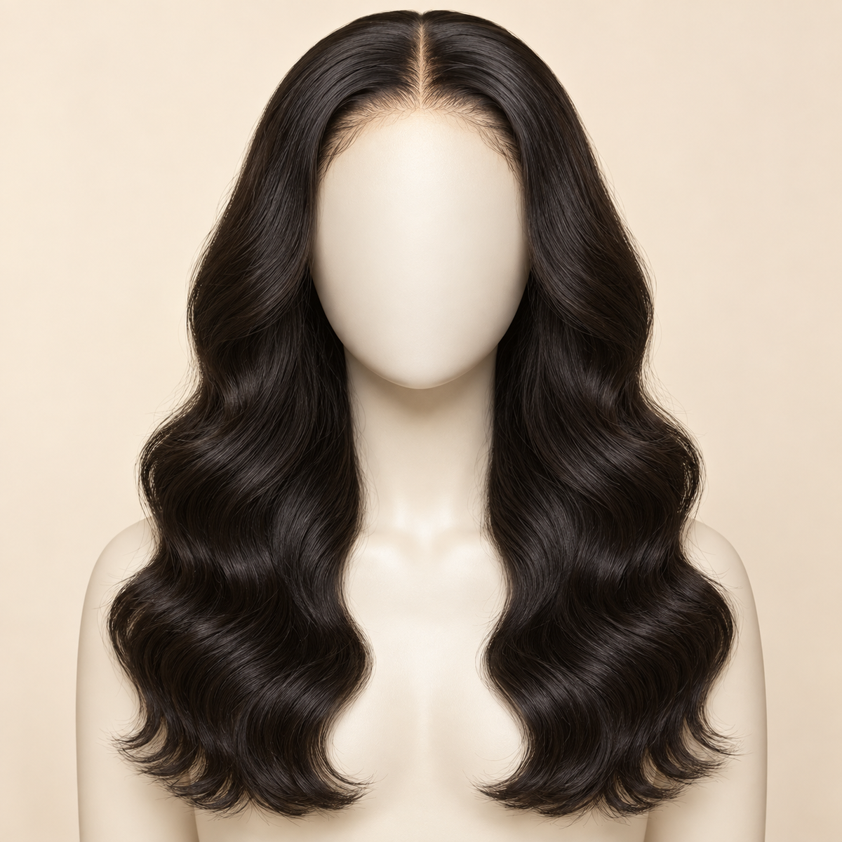 Body Wave 360 Lace Human Hair Wig, 150% density, 20 inch natural black body wave, mannequin length variant, AI-generated visualization.