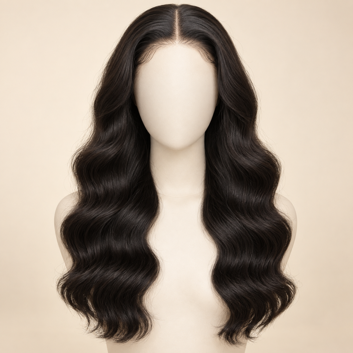 Body Wave 360 Lace Human Hair Wig, 150% density, 22 inch natural black body wave, mannequin length variant, AI-generated visualization.