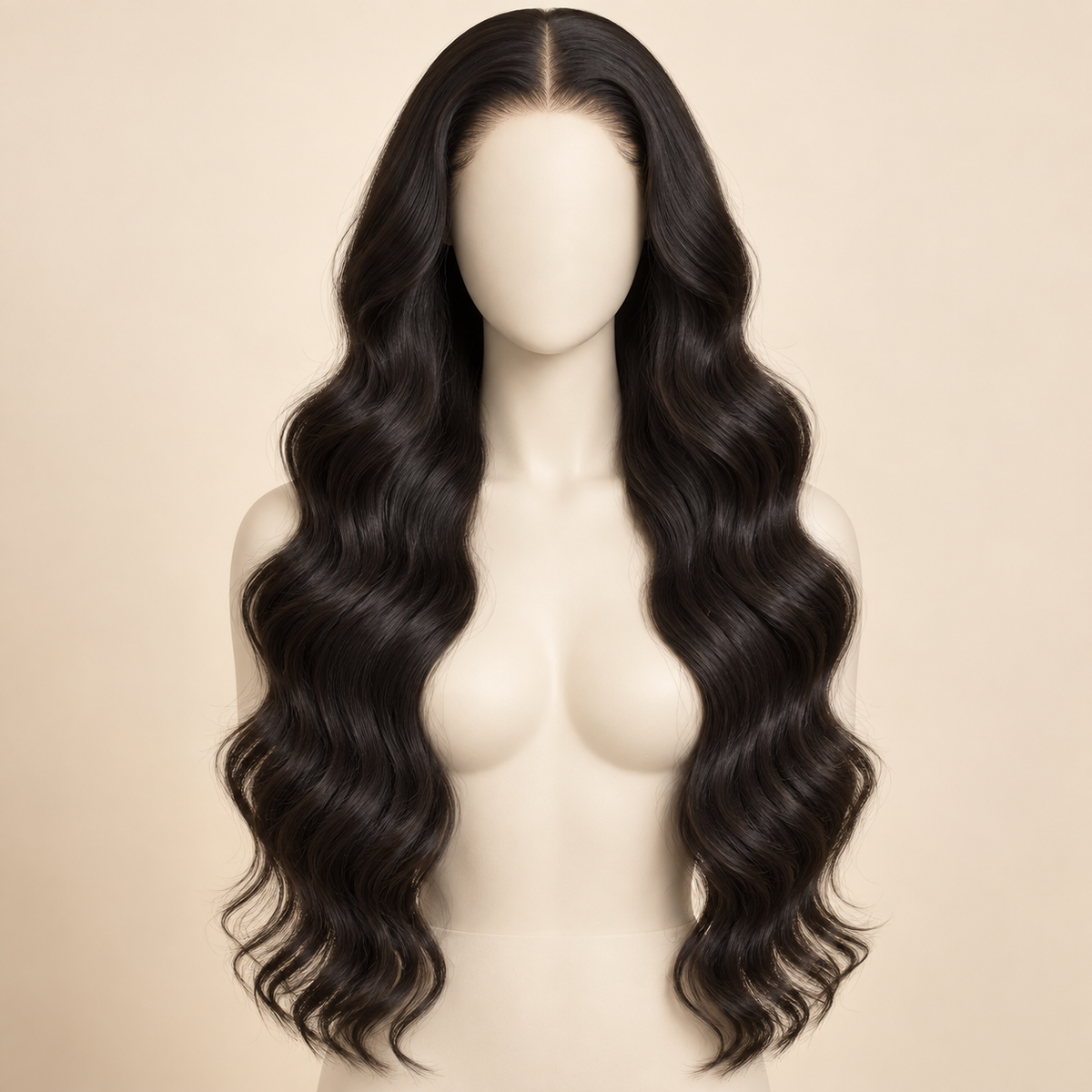 Body Wave 360 Lace Human Hair Wig, 150% density, 24 inch natural black body wave, mannequin length variant, AI-generated visualization.