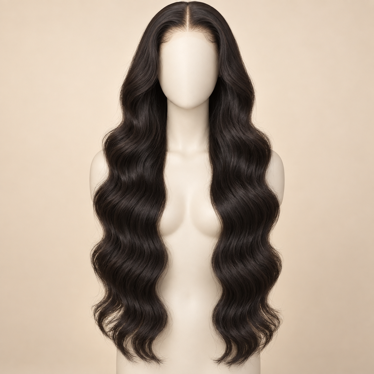 Body Wave 360 Lace Human Hair Wig, 150% density, 26 inch natural black body wave, mannequin length variant, AI-generated visualization.