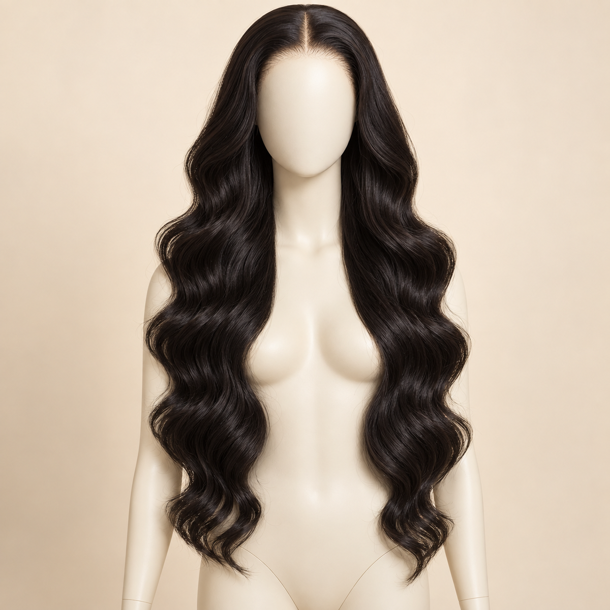 Body Wave 360 Lace Human Hair Wig, 150% density, 28 inch natural black body wave, mannequin length variant, AI-generated visualization.