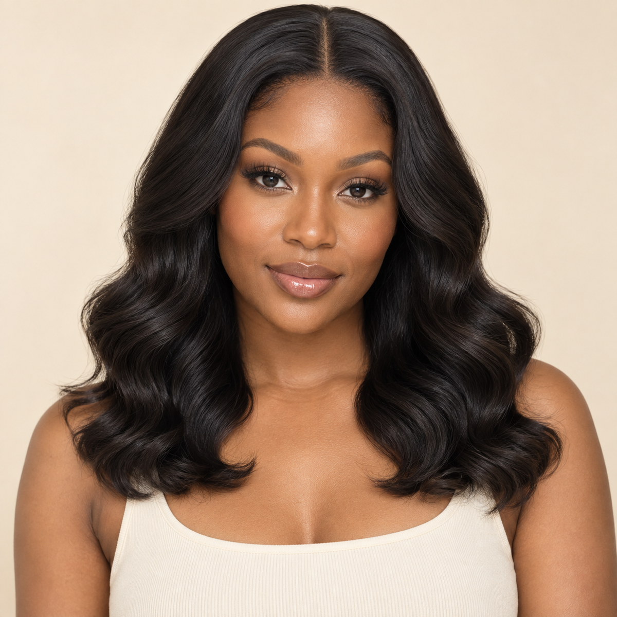 Body Wave 360 Lace Human Hair Wig, 150% density, 18 inch natural black body wave, adult model front view, AI-generated visualization.